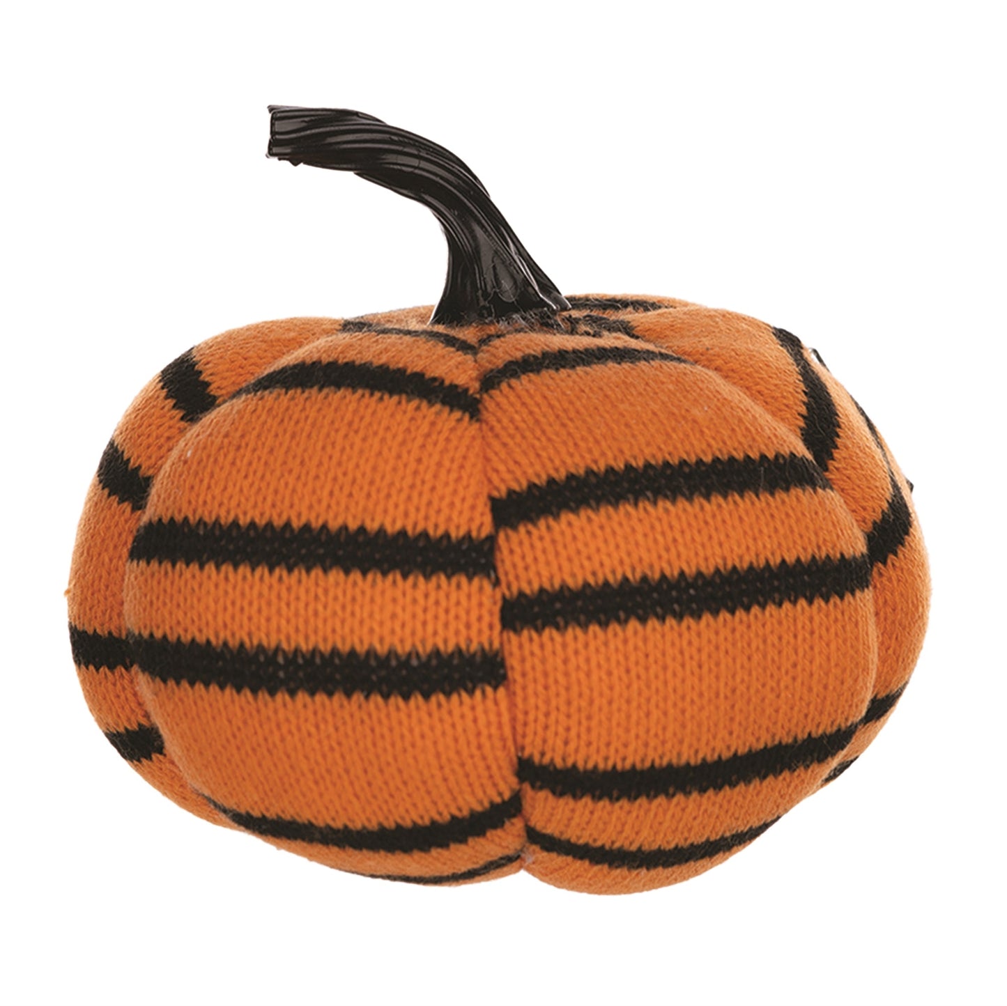 Plush Halloween striped pumpkin with orange and black fabric stripes and a black stem, cozy seasonal decor piece.