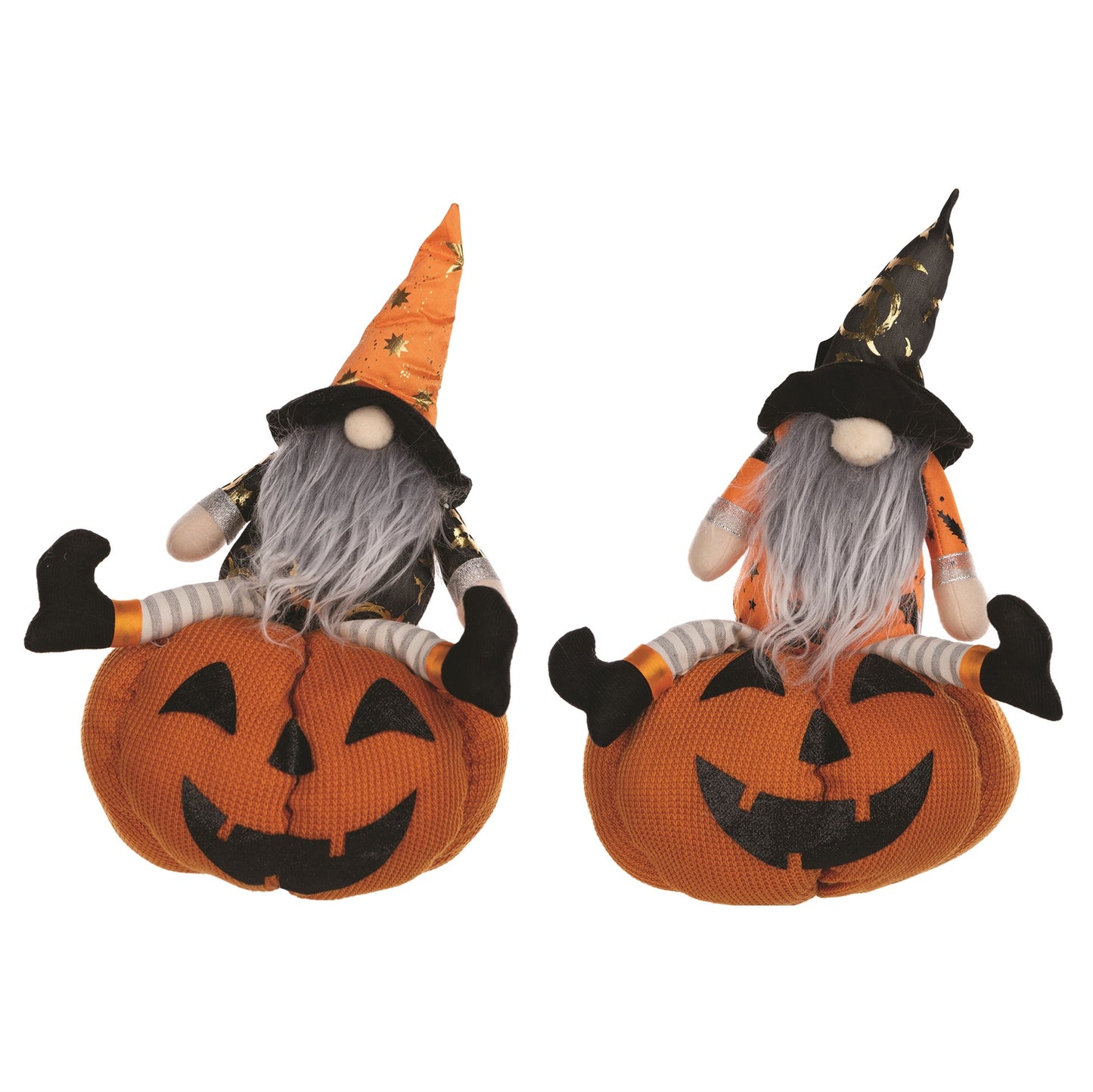 Set of two plush Halloween gnomes sitting on jack-o'-lantern pumpkins with orange and black hats and gray beards