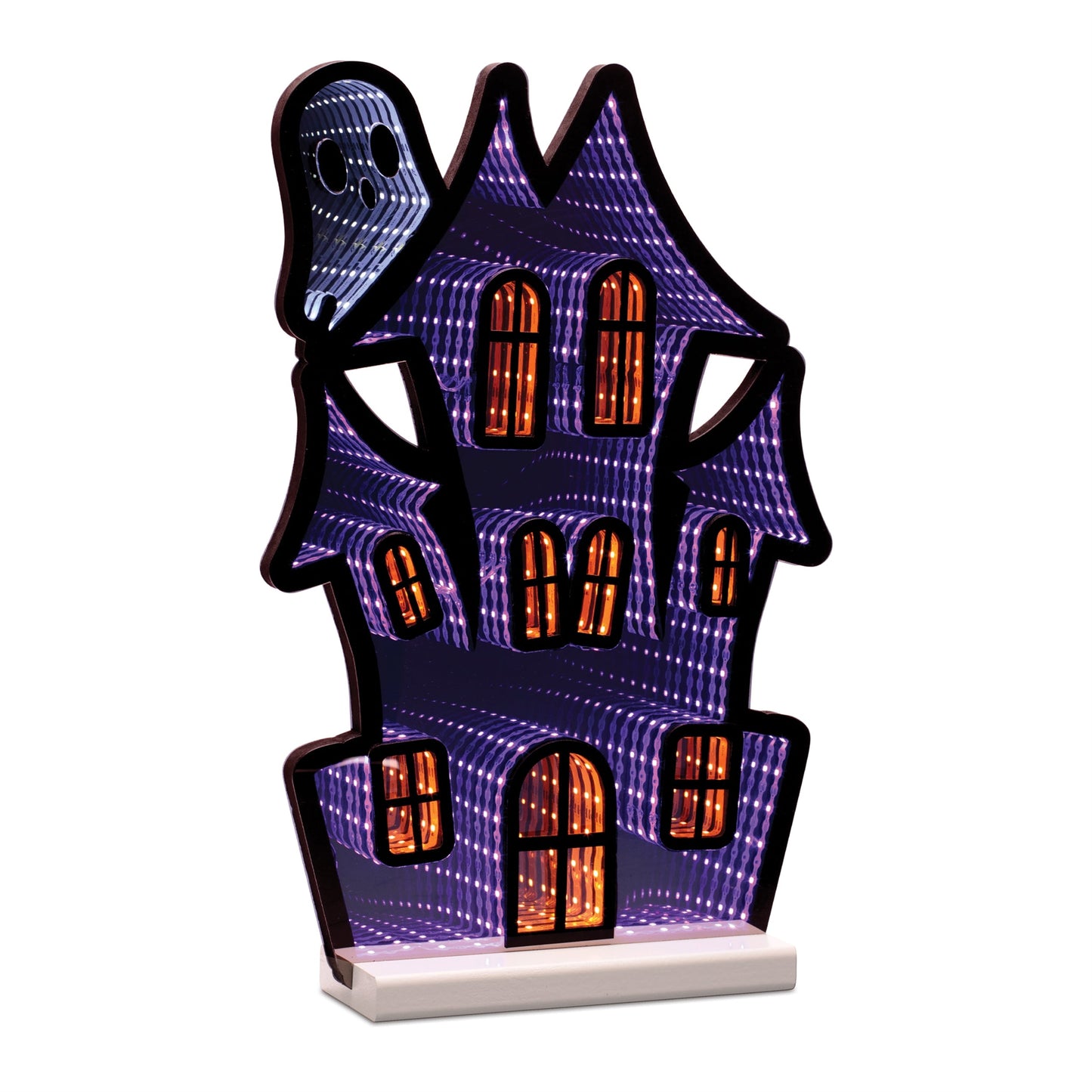 LED illuminated haunted house decoration with ghost and spooky windows for Halloween decor
