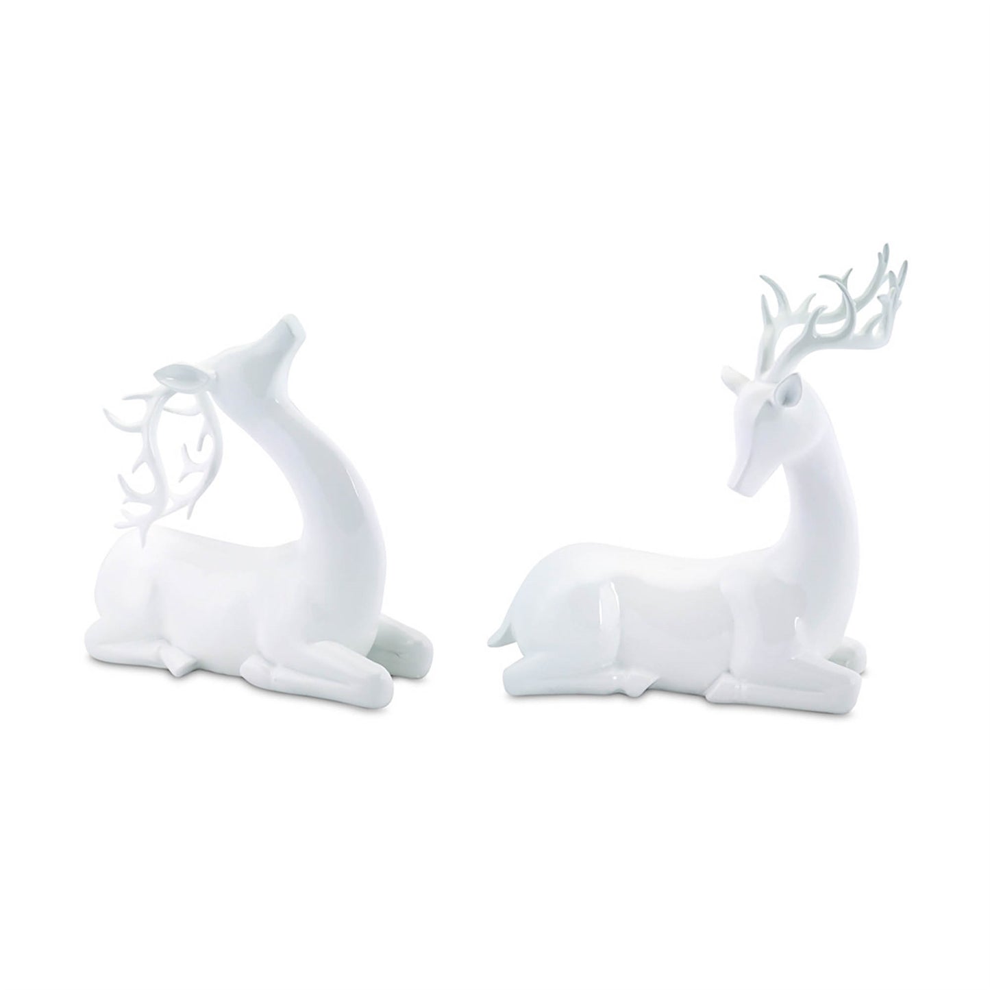 Modern White Stone Laying Deer Figurine (Set of 2)