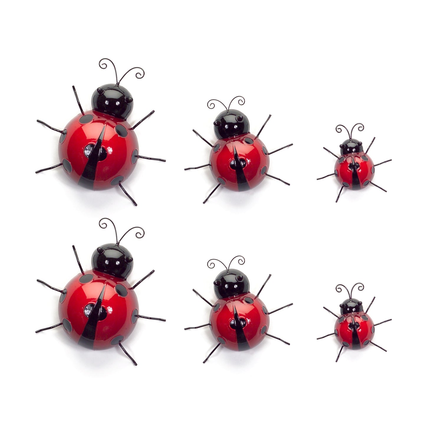 Set of 6 metal lady bugs wall decor with shiny painted finish for indoor and outdoor use