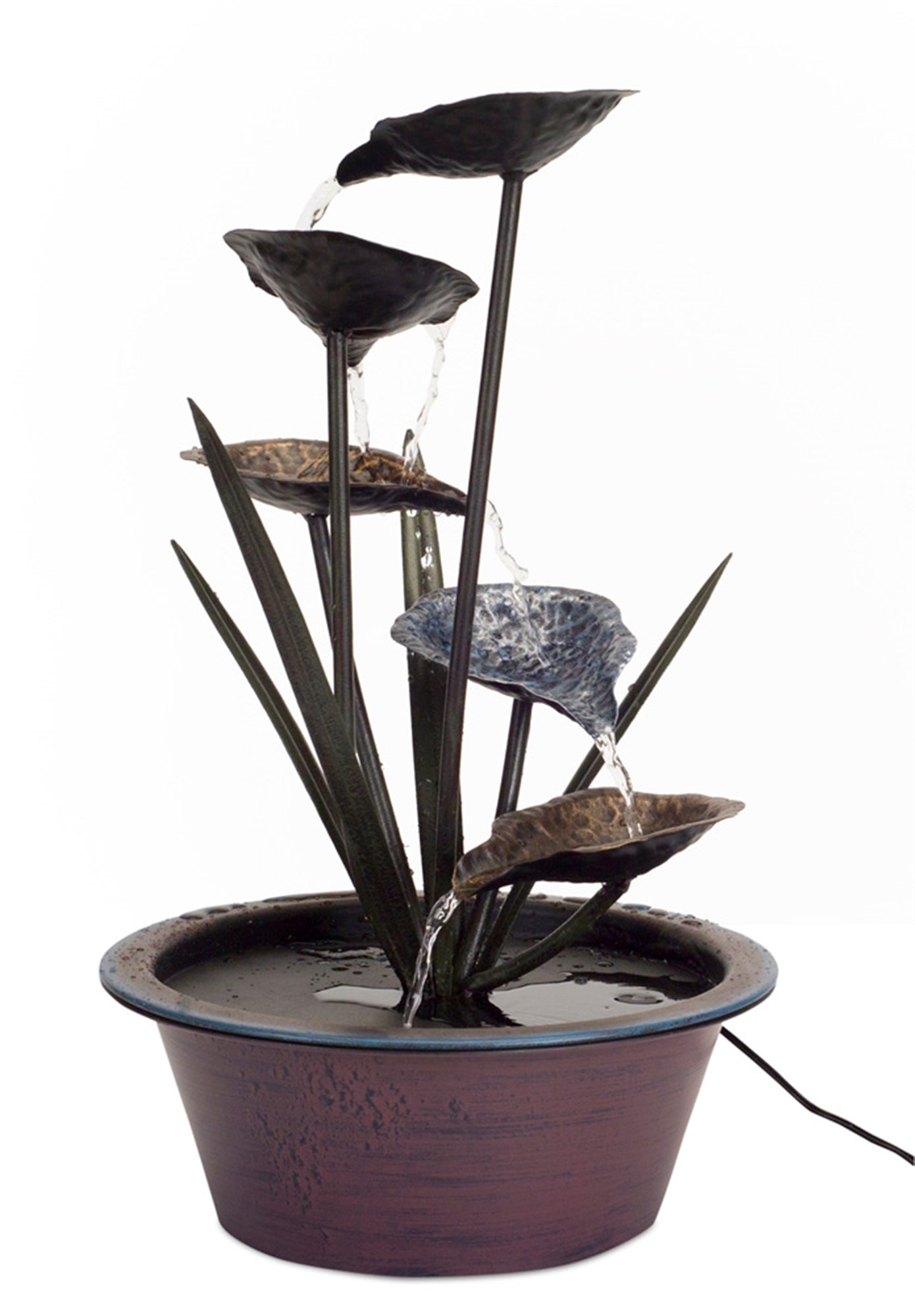 Bronze metal lotus leaf fountain with cascading water in a 22-inch tall design for indoor and outdoor decor
