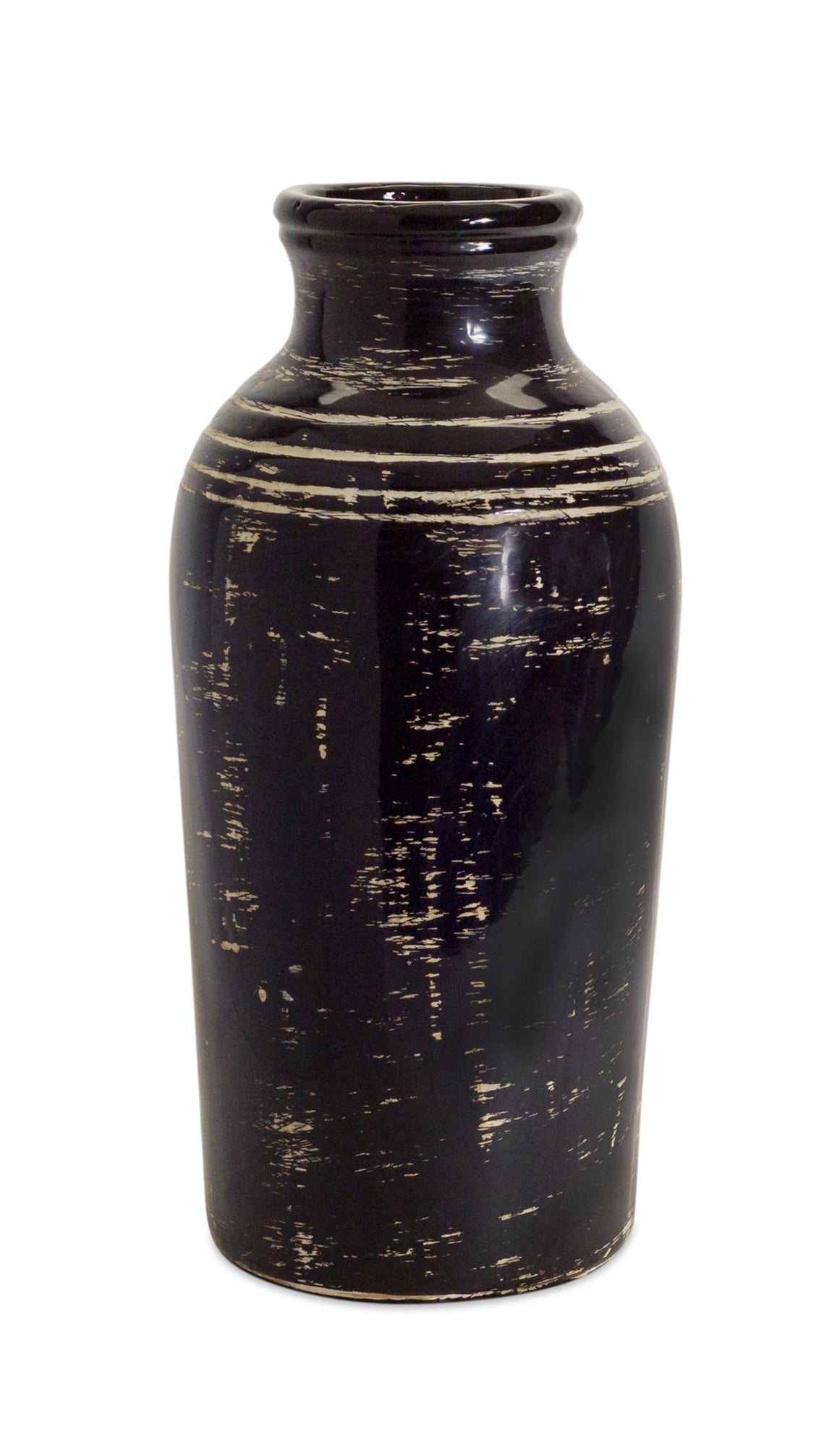 Aged Black Ceramic Vase with Ivory Accent 17.5"H
