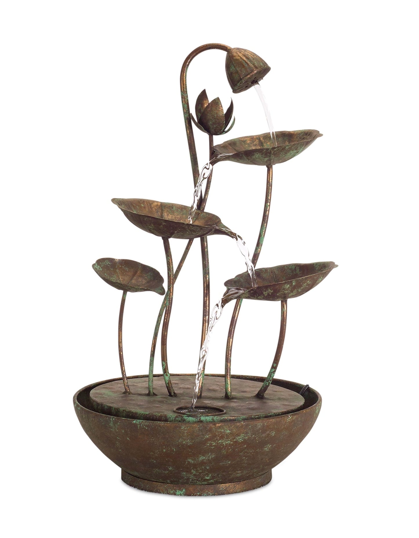Rustic metal lotus leaf fountain with cascading water and aged finish standing 19.5 inches tall
