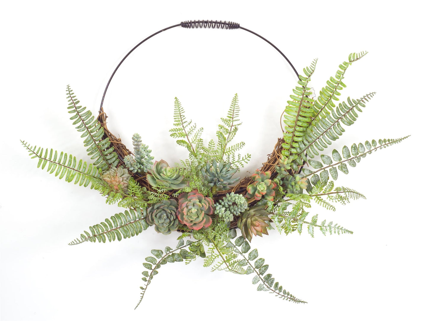Fern and succulent moss half wreath wall decor with realistic foliage and variegated succulents on wire and grapevine base.