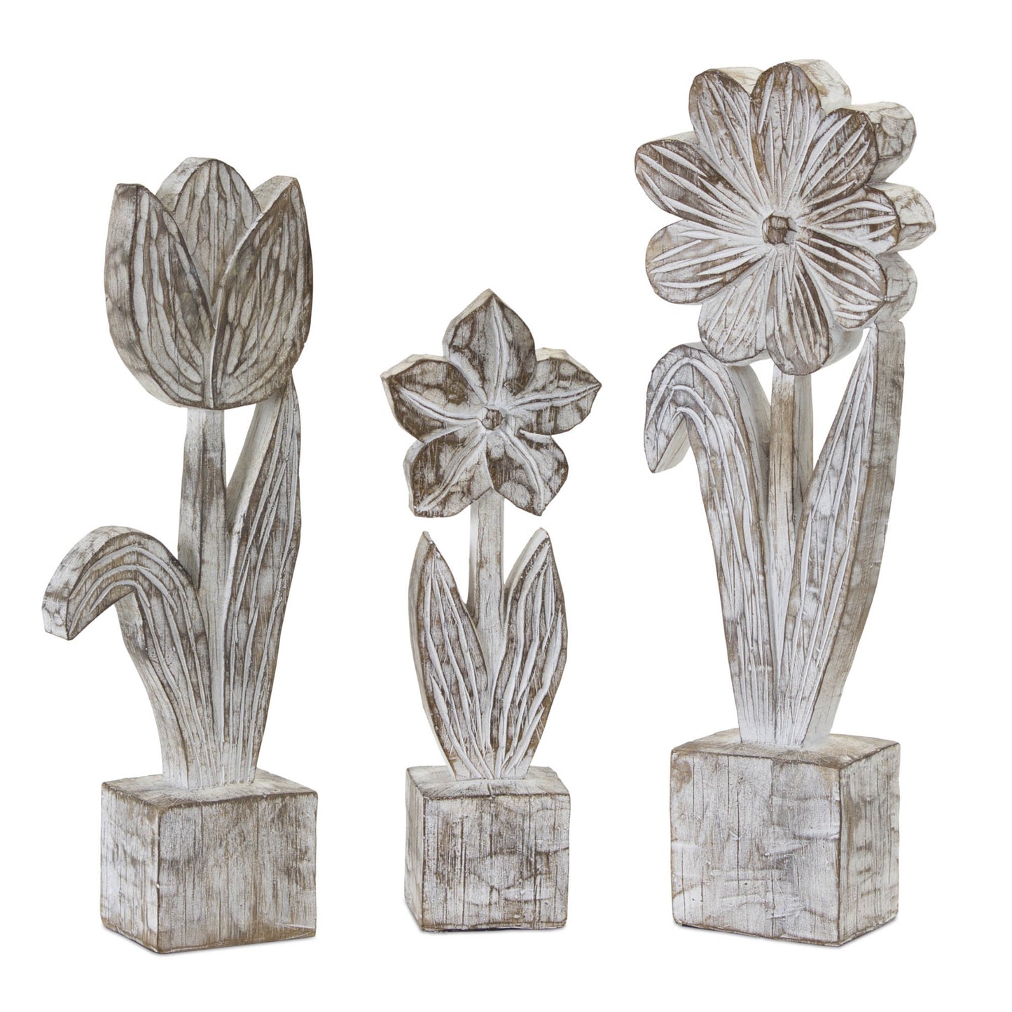 White Washed Potted Floral Sculptures (Set of 3)