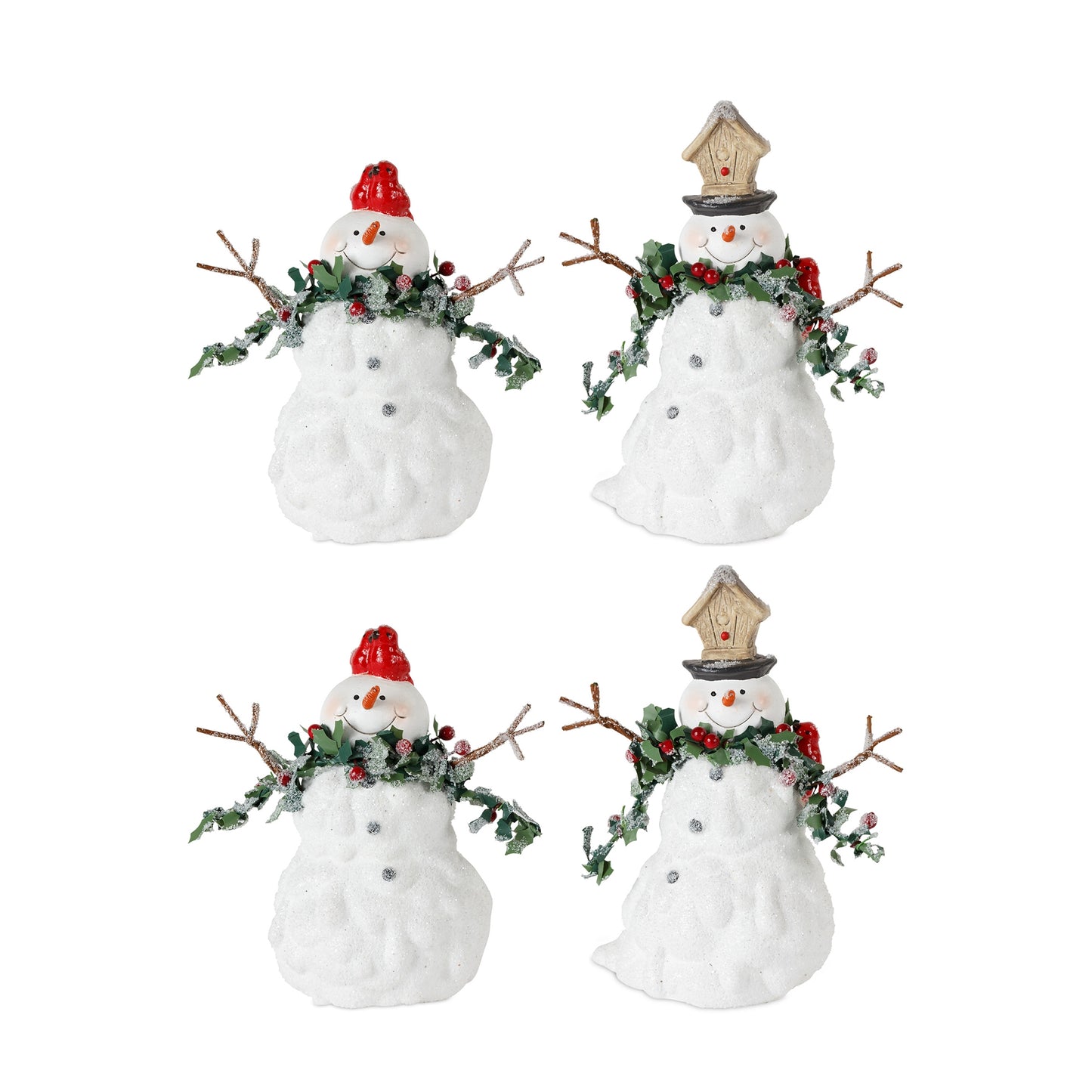 Terra Cotta Melted Snowman Family with Bird and Pine Accents (Set of 4)