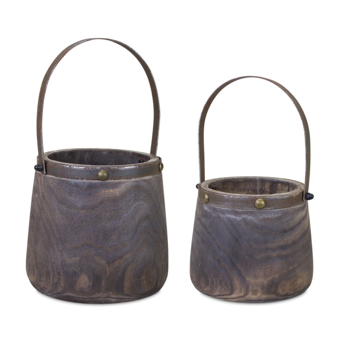 Natural Wood/Metal Pail Planters (Set of 2)
