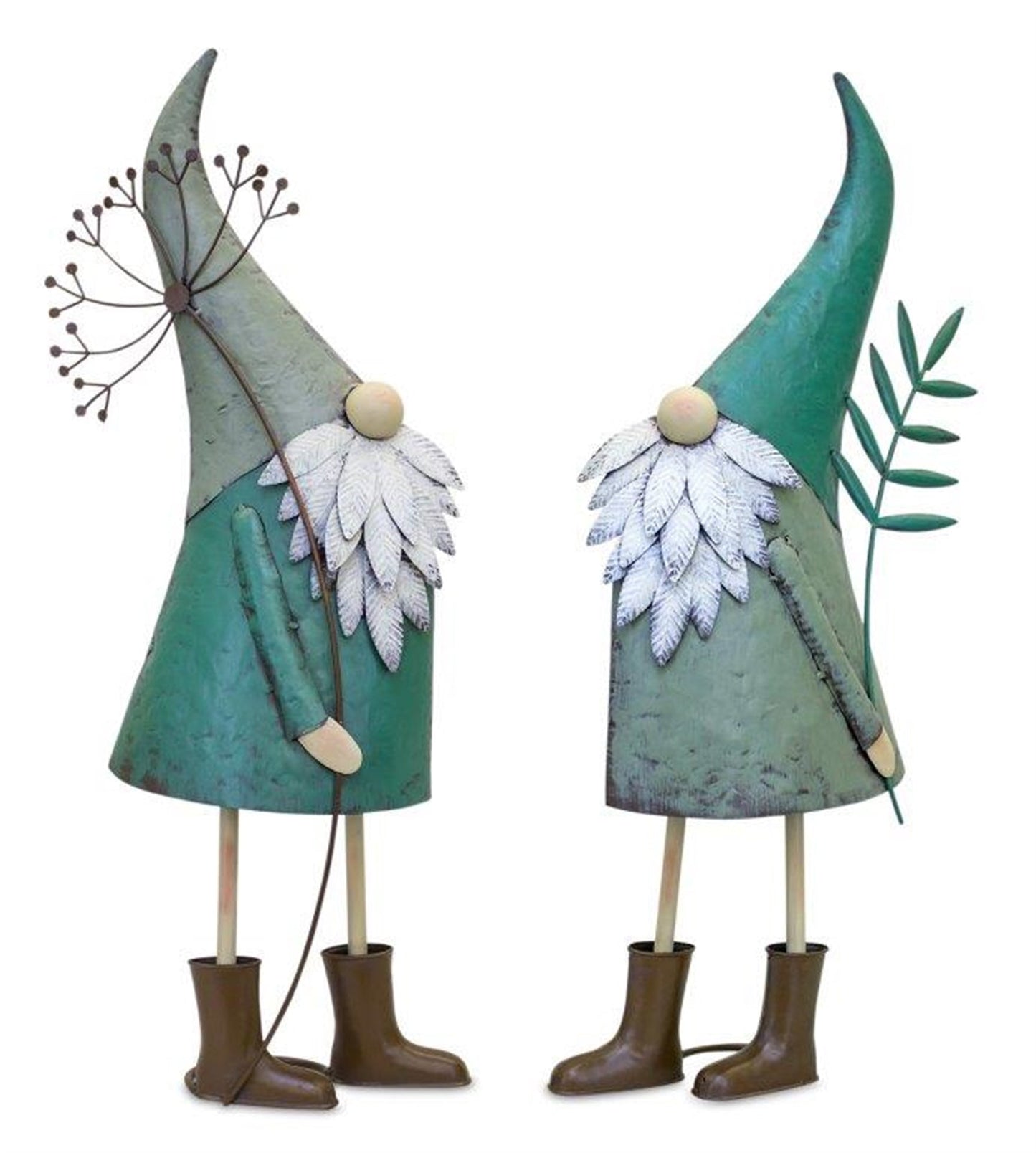 Set of two iron metal standing garden gnomes with teal hats and brown boots holding rustic metal plants