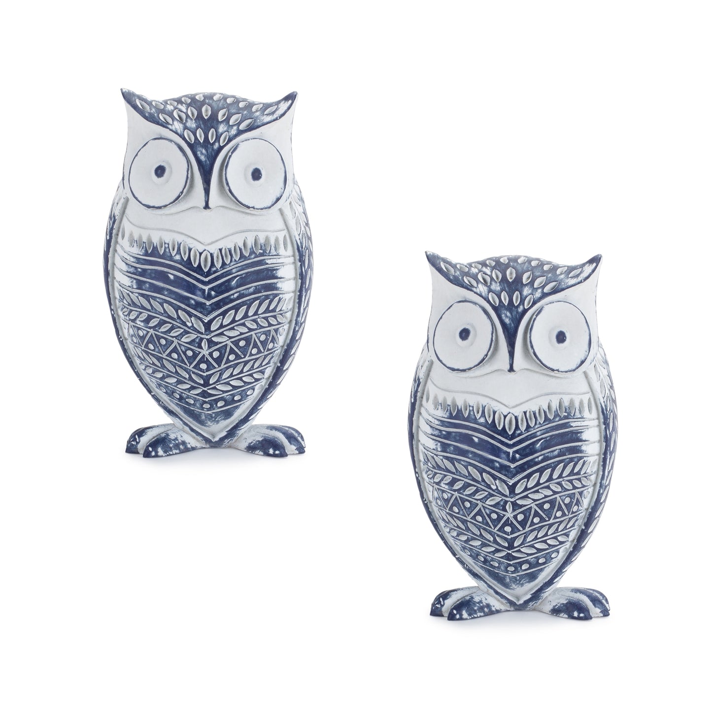 White Washed Owl Decor with Blue Floral Design 6.5"H (Set of 2)