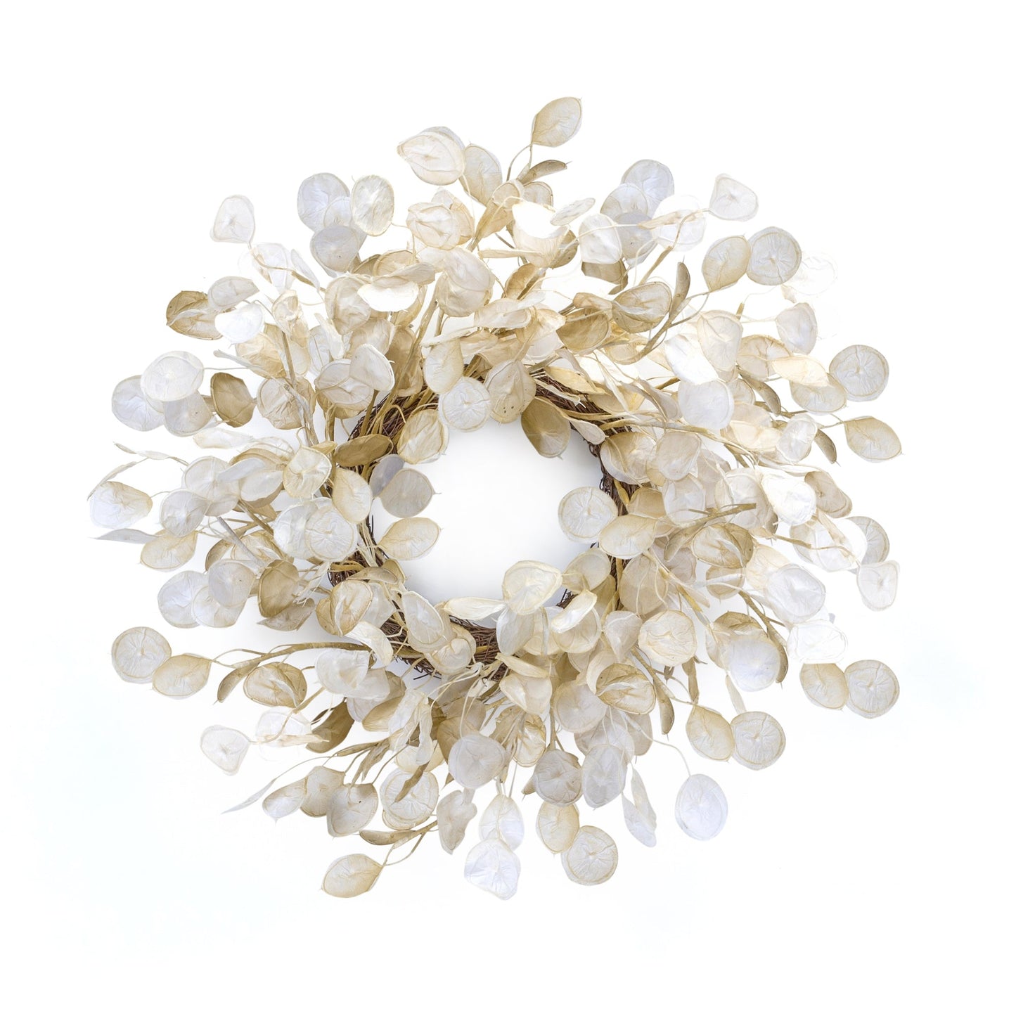 Ivory Silver Dollar Eucalyptus wreath with variegated brown and ivory leaves on twig base, 27.5 inches diameter