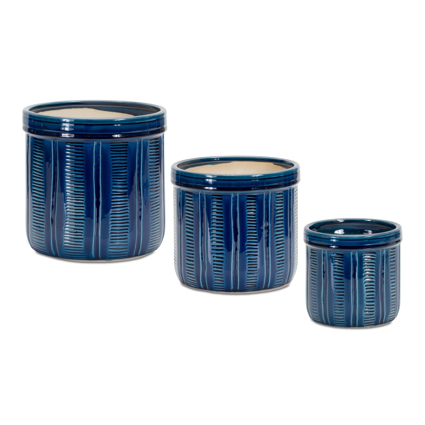 Blue Etched Terra Cotta Pot Planters (Set of 3)