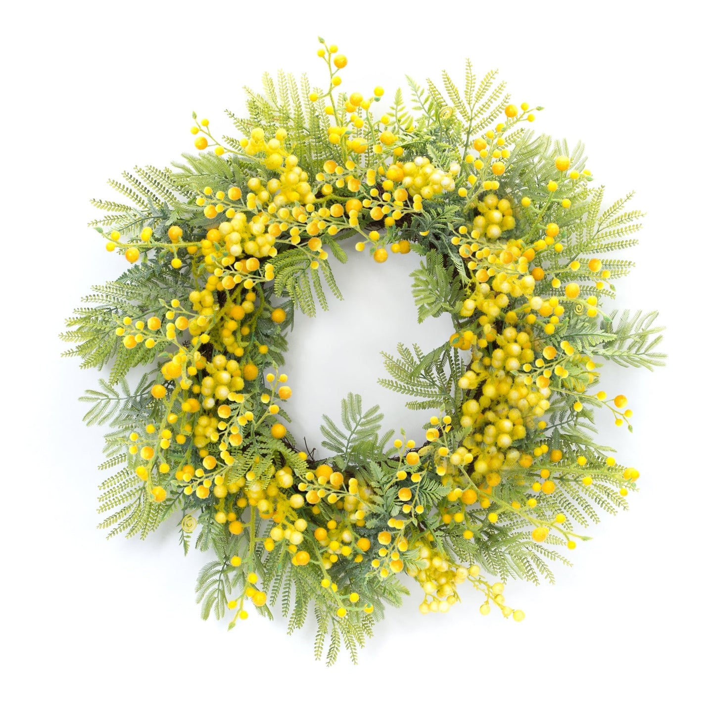 Fern and Mimosa Wreath with vibrant green fern leaves and yellow berries, durable and weather-resistant, 27 inches diameter.