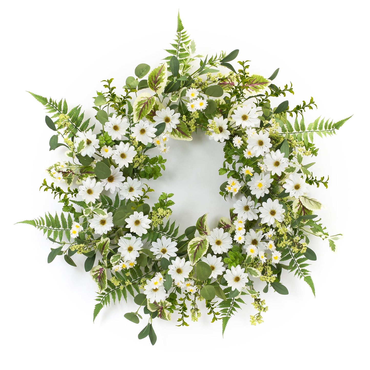 Mixed fern and daisy floral wreath with vibrant white daisies and lush greenery, 22.5 inches in diameter.