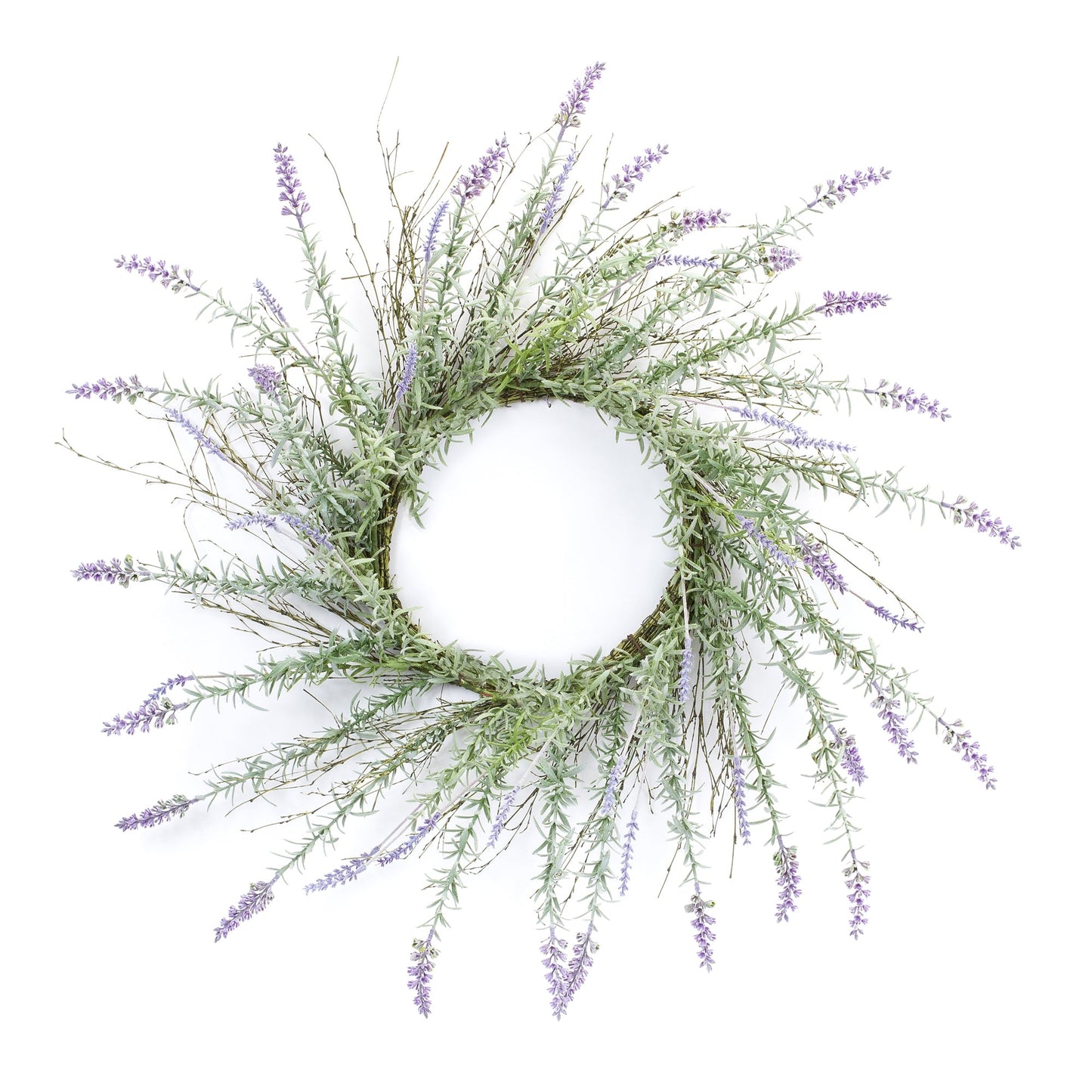 28-inch Lavender Floral Twig Wreath with variegated greenery and lavender accents on rustic twig base