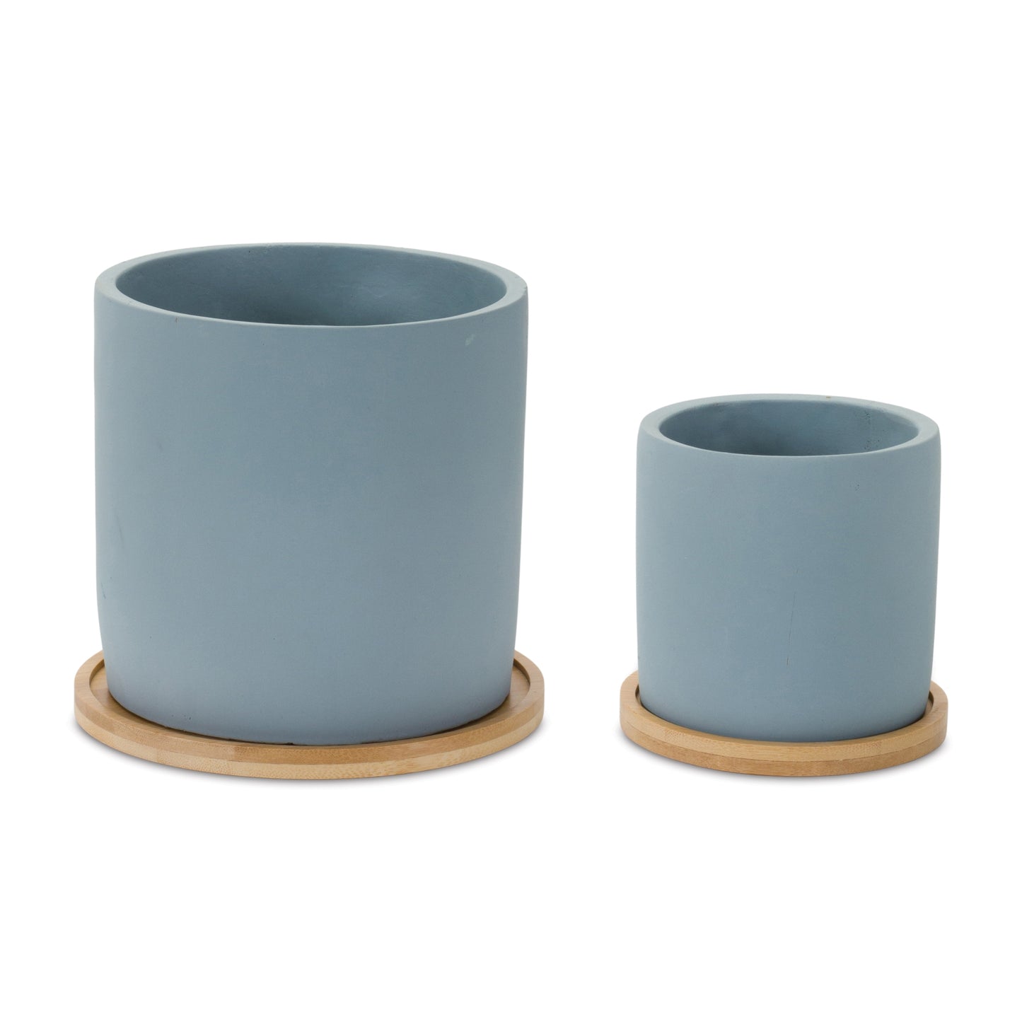 Blue Stone Planter with Wood Saucer (Set of 2)