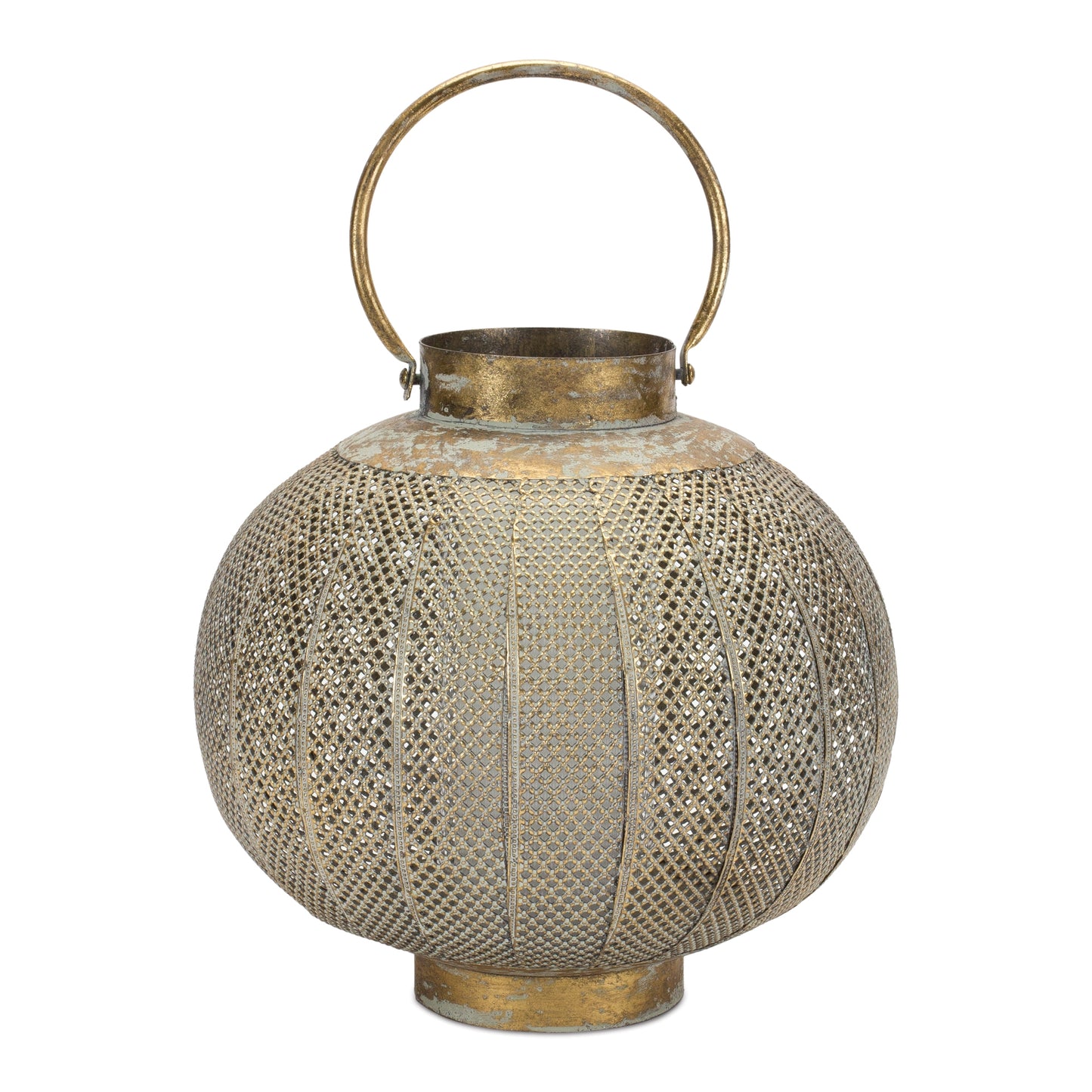 Aged Metal Lantern with Punched Detail, 11.5"H