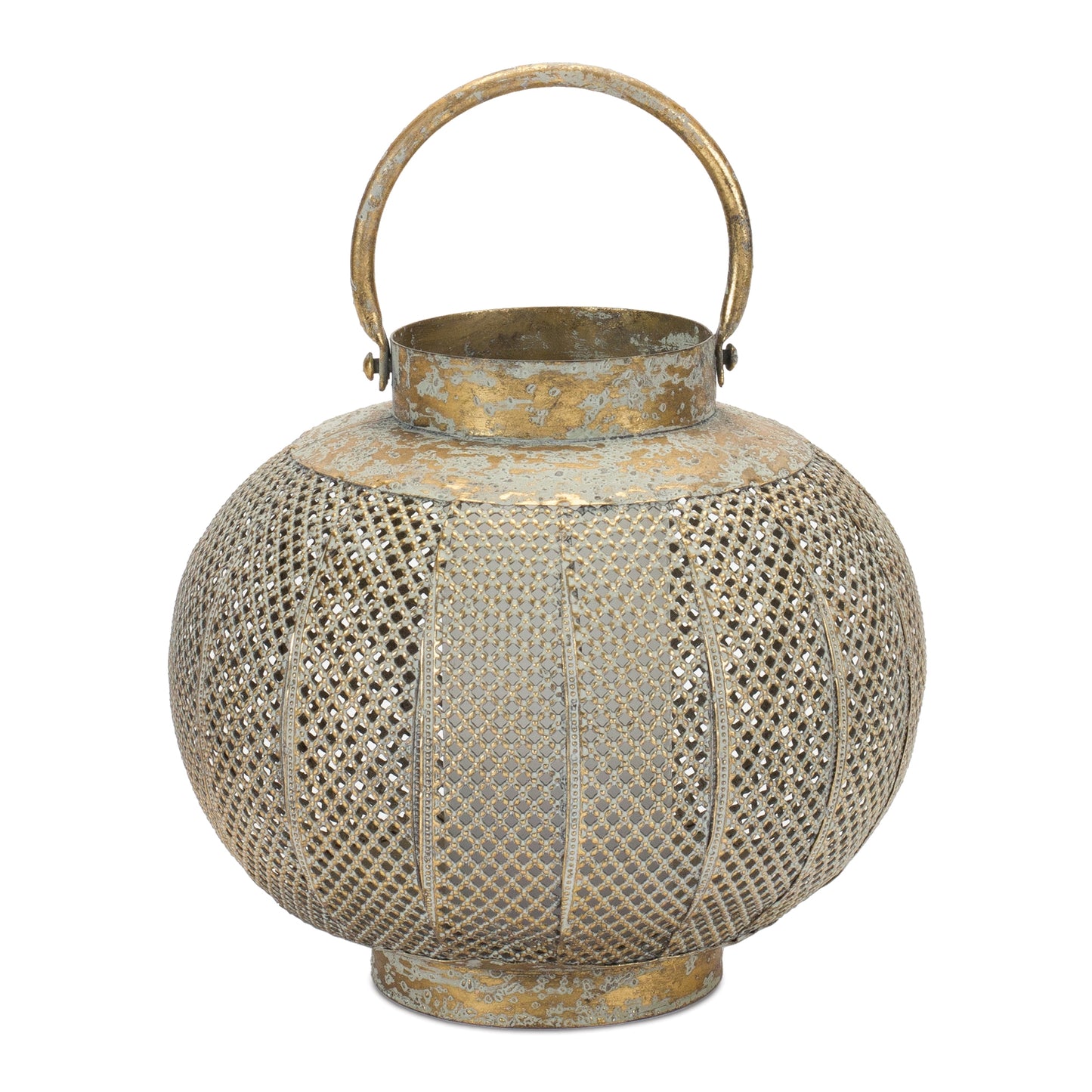 Aged Metal Lantern with Punched Detail, 8.5”D