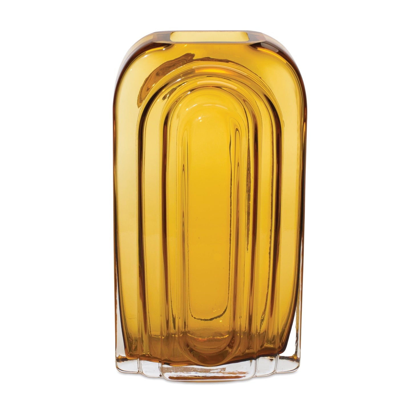 Rounded amber glass vase 9.75 inches tall with mid-century modern design and warm golden hue
