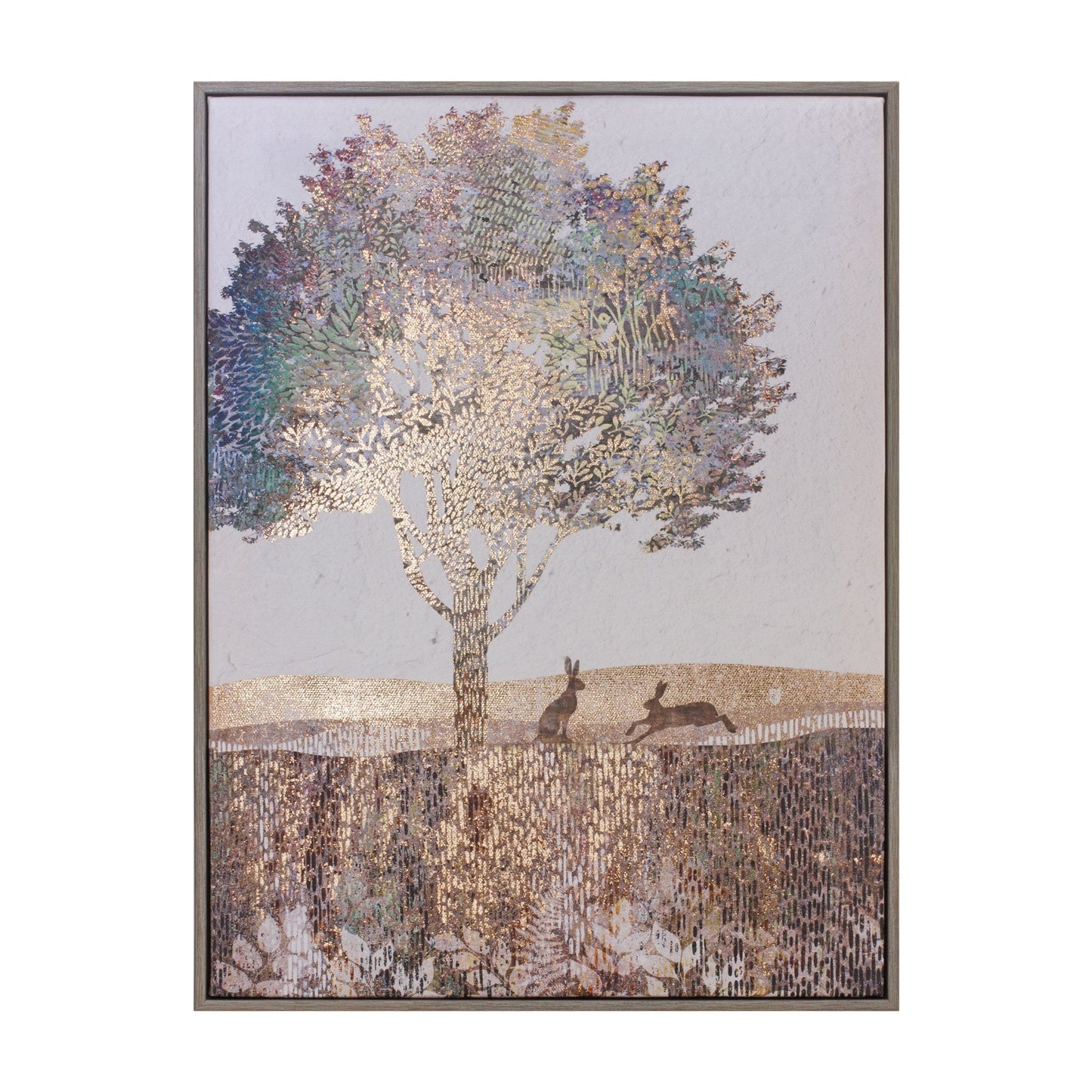 Framed Tree and Rabbit Print with cream and copper tones in MDF frame, 15.5 inches tall