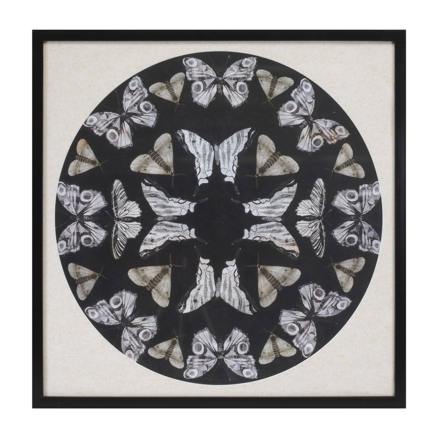 Framed Butterfly Print 25 inch square with delicate black and beige butterfly imagery in a sleek composite frame under glass