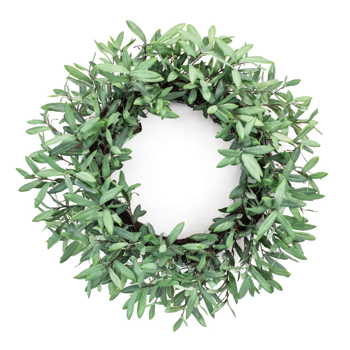 Round olive leaf foliage wreath with lush green leaves and a grapevine twig base, 29 inches in diameter, suitable for indoor or covered outdoor decor.