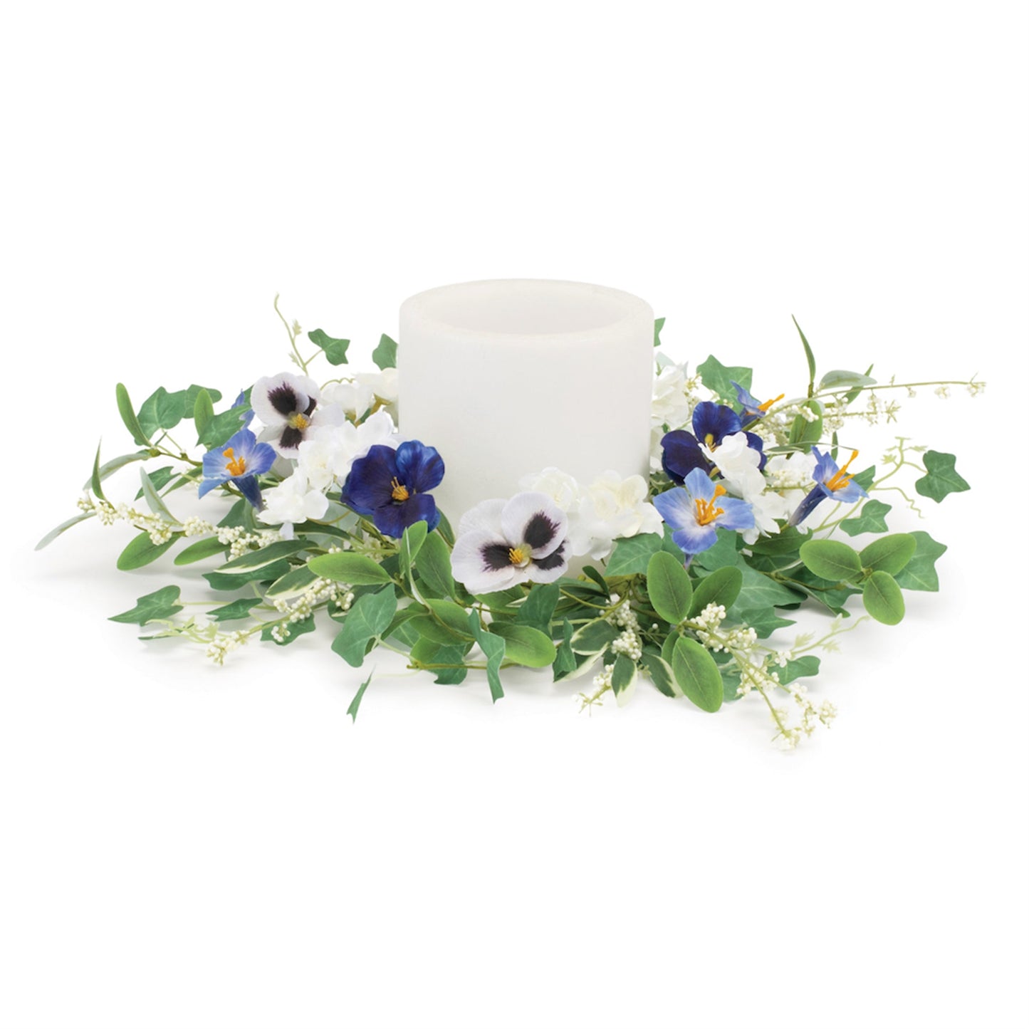 Mixed Petunia and Pansy Candle Ring with blue and purple faux flowers and green foliage for a 6-inch pillar candle centerpiece