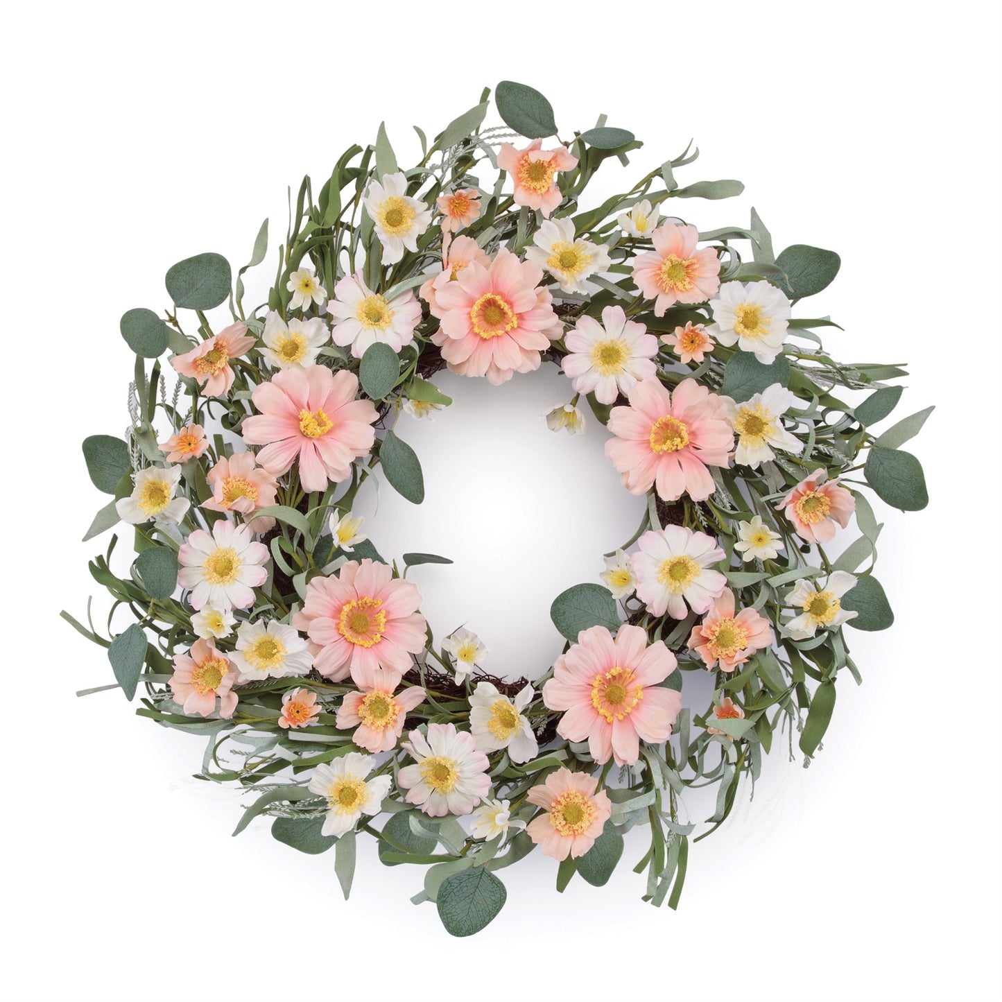 Mixed Daisy Floral Wreath with pink and white daisies, eucalyptus leaves, on a natural twig grapevine base.