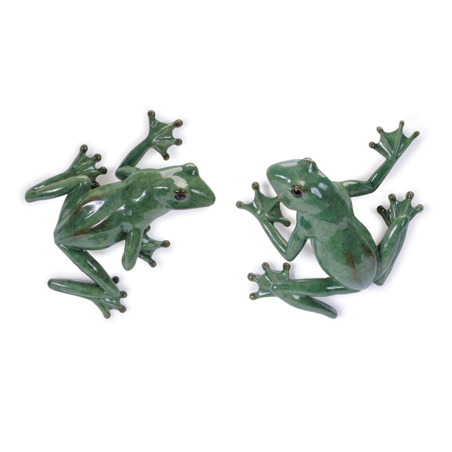Set of 2 Hanging Garden Frog Wall Accent in green glazed finish for outdoor decor