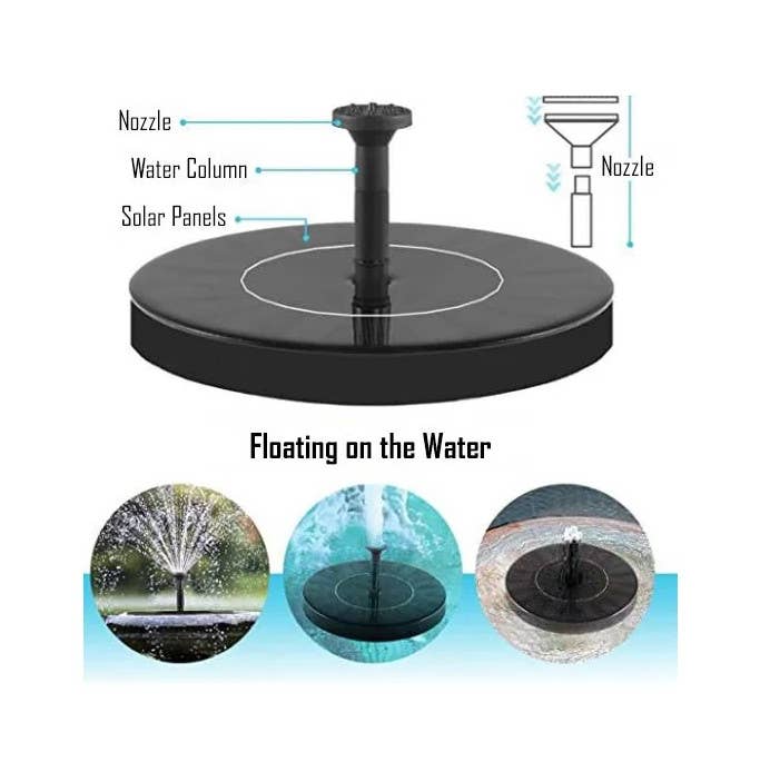 Solar powered fountain disc with four interchangeable nozzles and stabilizers floating on water, operating without batteries or electricity.