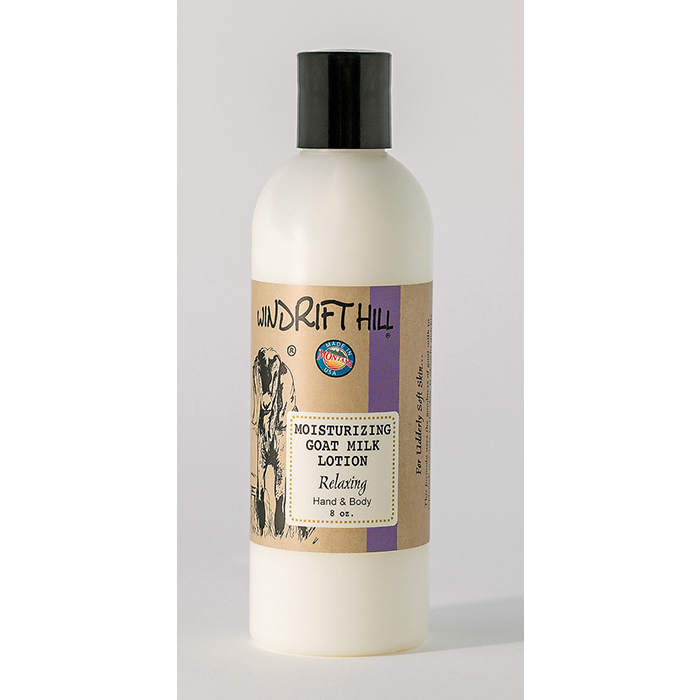 Relaxing goats milk lotion bottle with moisturizing formula and signature lavender vanilla scent, 8oz.