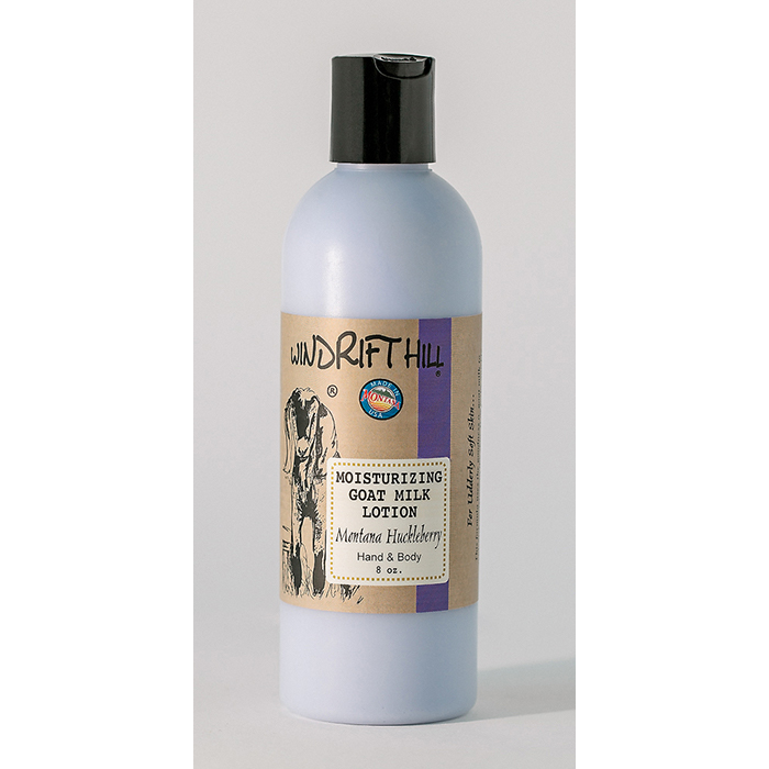 Huckleberry Goats Milk Lotion 8oz bottle with moisturizing formula for hand and body made in Montana