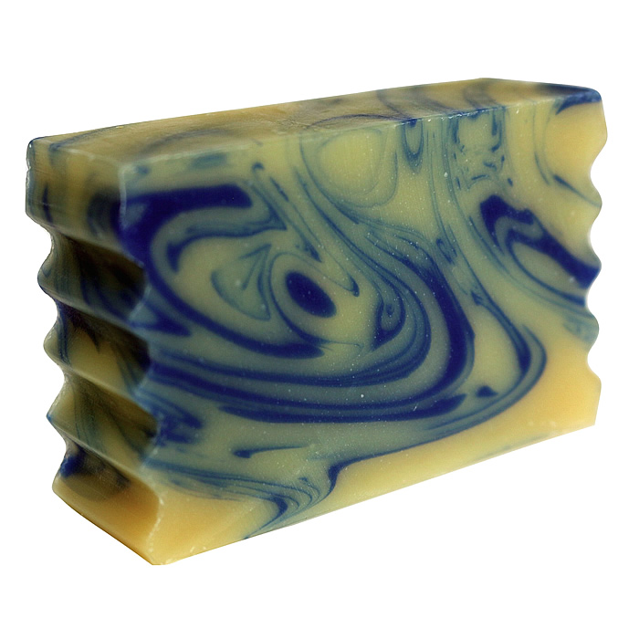 Rain Goat Soap handcrafted bar with blue and yellow swirls, made from natural ingredients and goat milk.