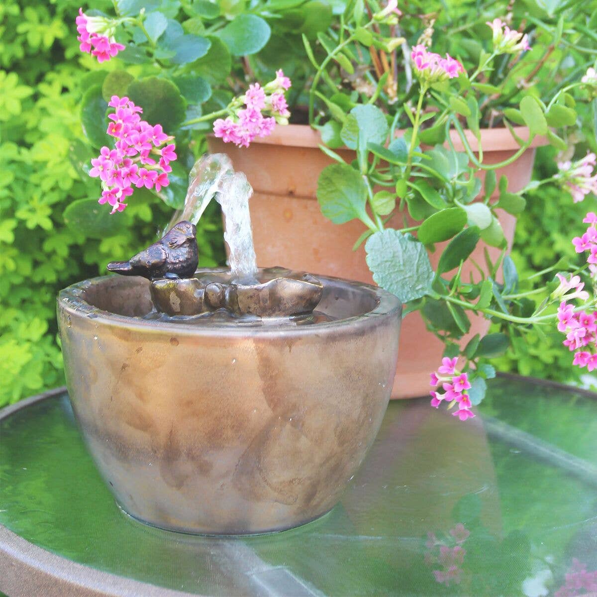 Bronze Bird on Leaf Mini Water Fountain