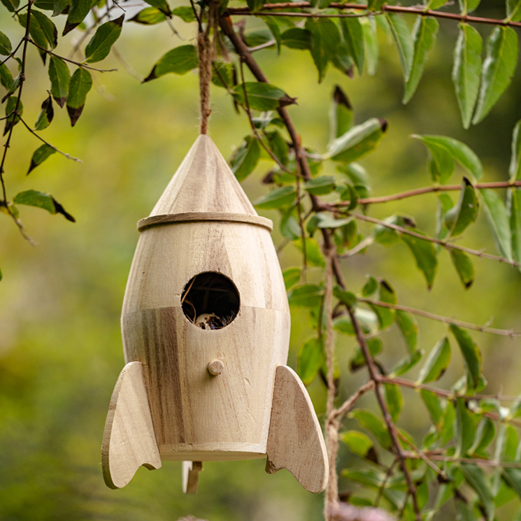 Natural Solid Wood Bird House- Rocket