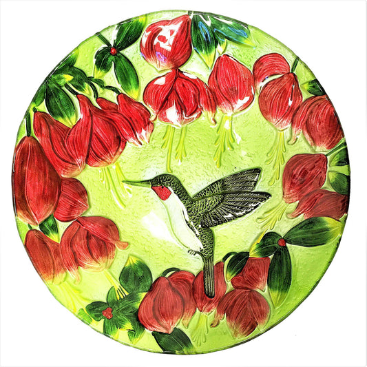 18" Fuchsias and Hummingbird Glass Bird Bath