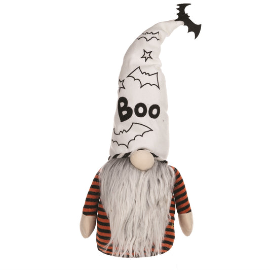 Plush Halloween Ghost Gnome with tall white hat, bats, and "Boo" text, striped outfit, and long gray beard.