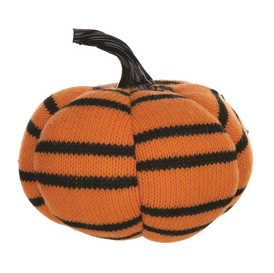 Plush Halloween striped pumpkin with orange and black fabric stripes and a black stem, cozy seasonal decor piece.