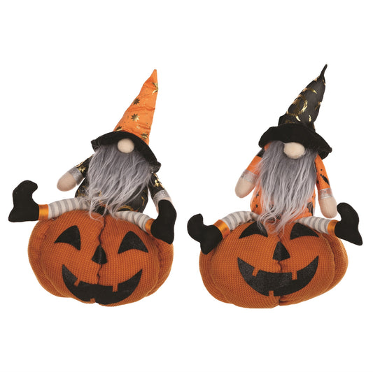 Set of two plush Halloween gnomes sitting on jack-o'-lantern pumpkins with orange and black hats and gray beards