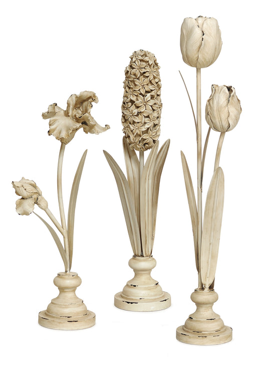 Aged Ivory Floral Stem Sculptures (Set of 3)