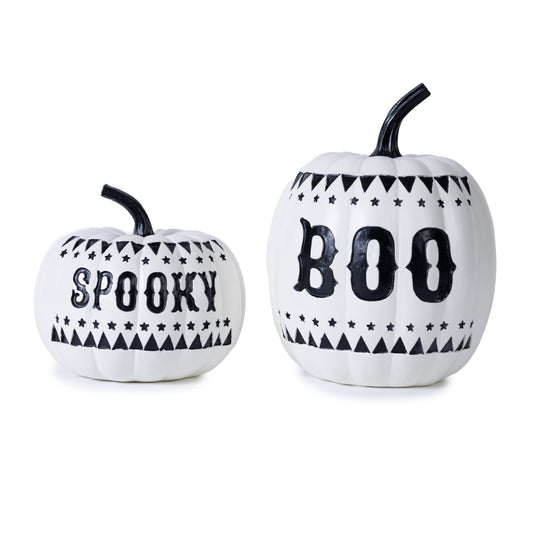 Set of 2 white and black Spooky and Boo Pumpkins with bold lettering and triangle and star patterns for Halloween decor