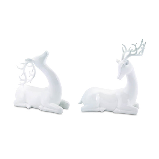 Modern White Stone Laying Deer Figurine (Set of 2)