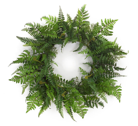 Mixed Fern Grapevine Wreath 24-inch with lush green fern foliage on natural twig base for indoor and covered outdoor decor