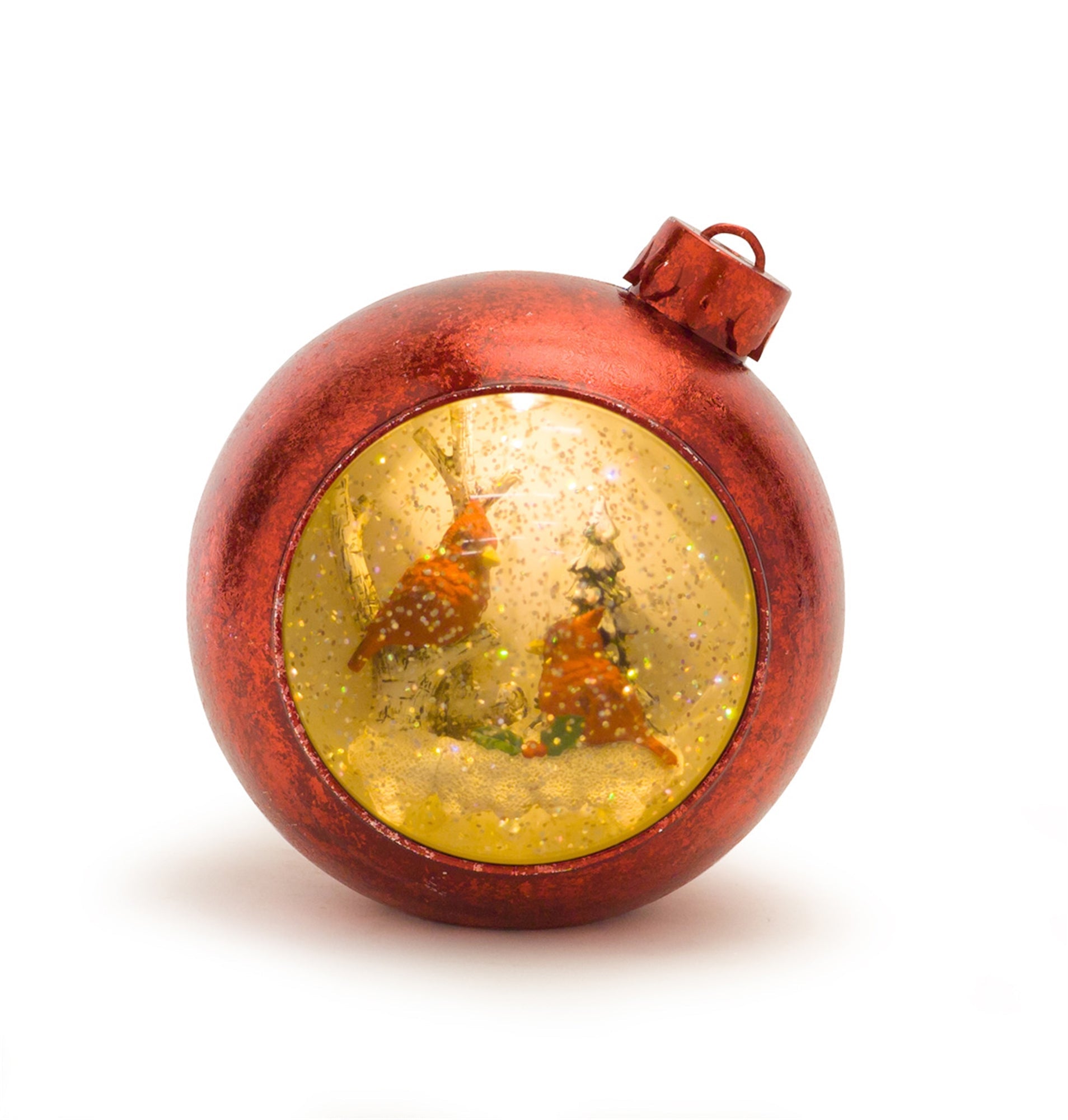 LED Snow Globe Ornament with illuminated woodland cardinals inside festive ornament globe