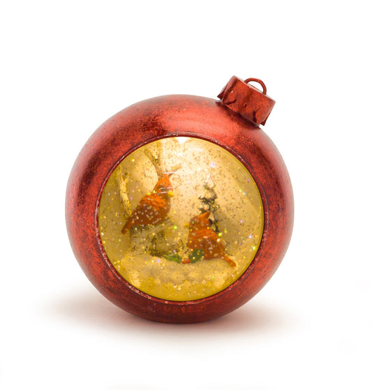 LED Snow Globe Ornament with illuminated woodland cardinals inside festive ornament globe