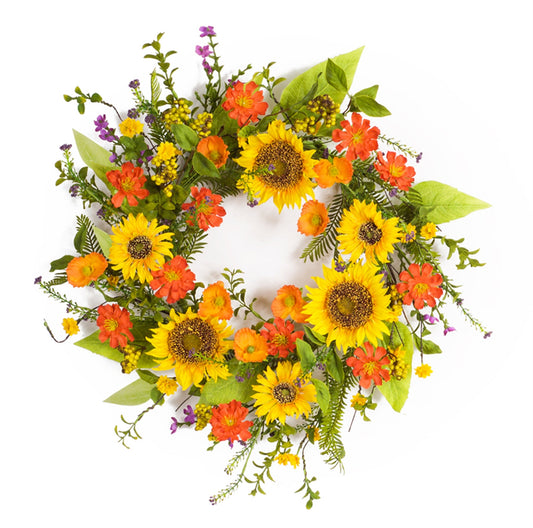 Mixed sunflower floral wreath with bright yellow sunflowers, orange and purple flowers, green leaves, and natural twig base, 22 inches in diameter.