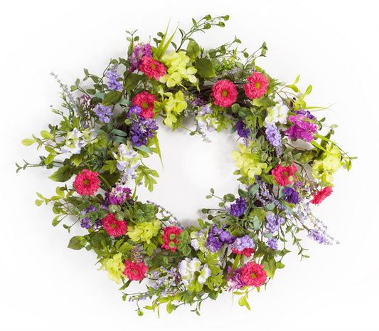 24-inch mixed floral wreath with pink, purple, and yellow flowers on a natural twig base for spring decor