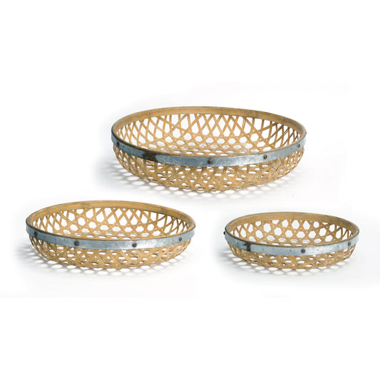 Round Woven Bamboo Trays with Metal Trim (Set of 3)