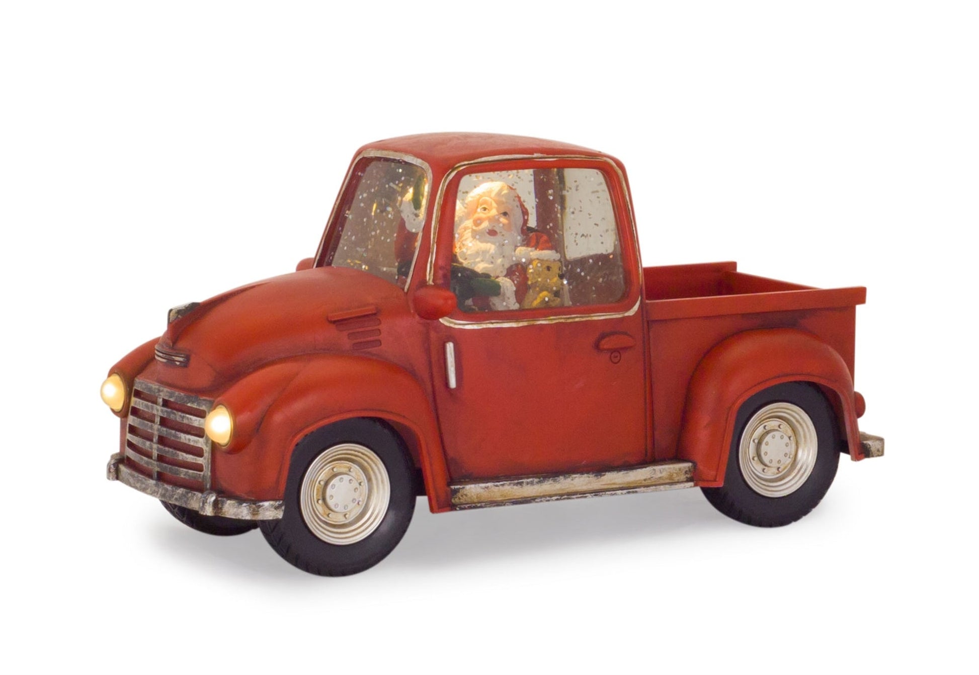 Red LED Snow Globe Truck with Santa figurine inside, festive Christmas decoration with twinkling lights