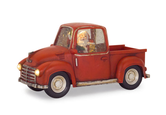 Red LED Snow Globe Truck with Santa figurine inside, festive Christmas decoration with twinkling lights